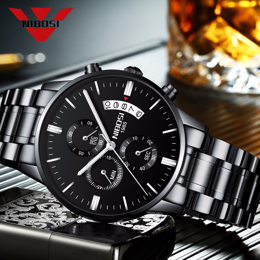 Luxury Watch Maker - Nibosi aço inoxidável preto relógio de