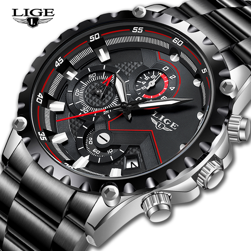 Luxury Watch All Black - LIGE-Relógio Quartzo Impermeável Masculino, Todo Aço,